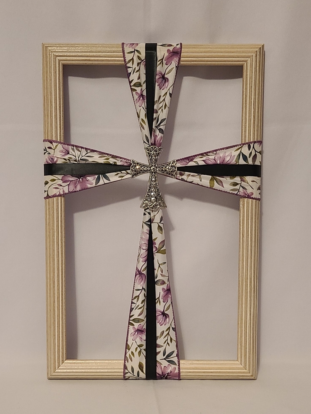 Frame Cross Art Floral Purple Silver Cross Handmade
